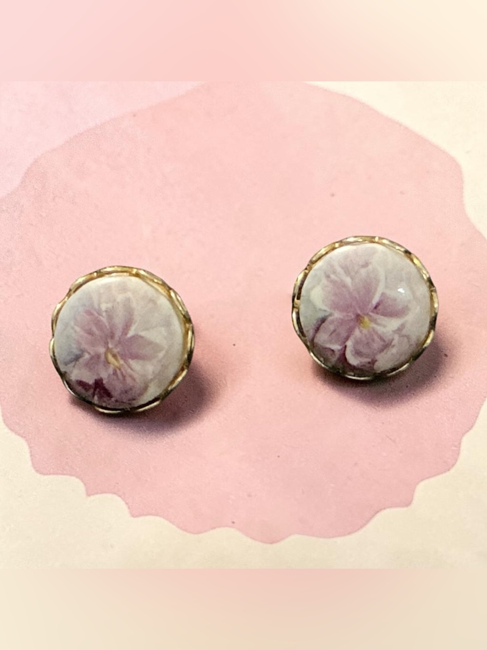 Vintage 12K Gold Filled & Hand-Painted Porcelain Purple Violet Flower Earrings